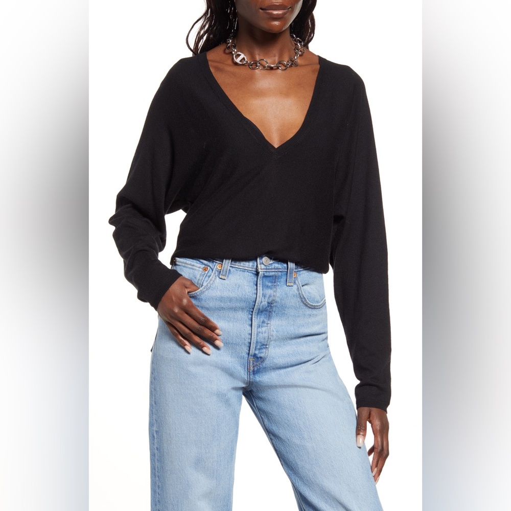 NWT Open Edit Semisheer V-Neck Dolman Long Sleeve Sweater in Black